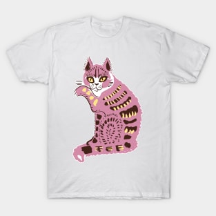 Cute Pink Folk Cat T-Shirt